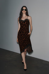 Brown Satin Lace Trim Midi Slip Dress for Glamorous Evenings