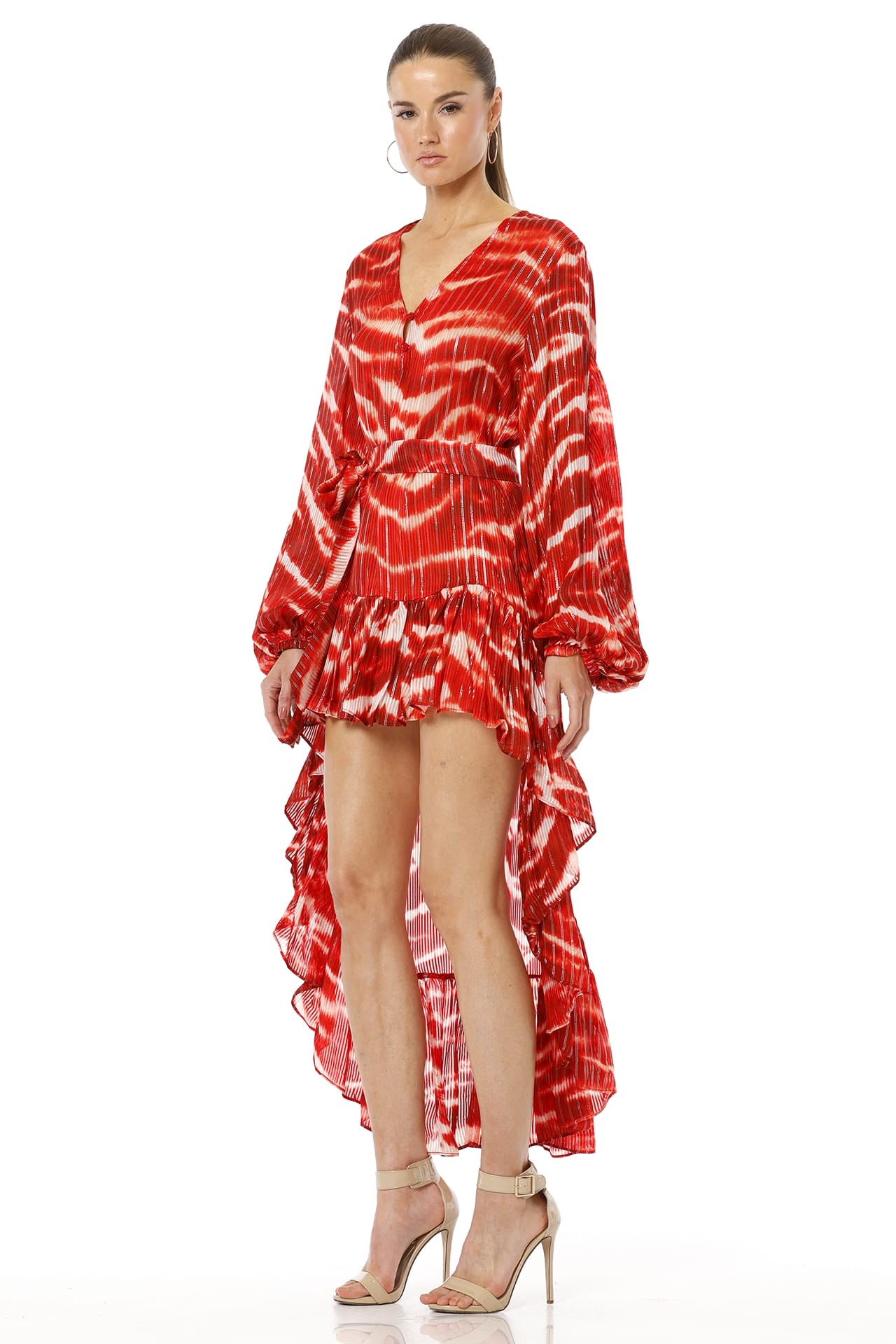 Chora Printed Red Ruffle Dress With Long Overlay & Puff Sleeves