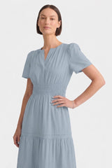 Dusty Blue Smocked Waist Cotton Tiered Maxi Dress