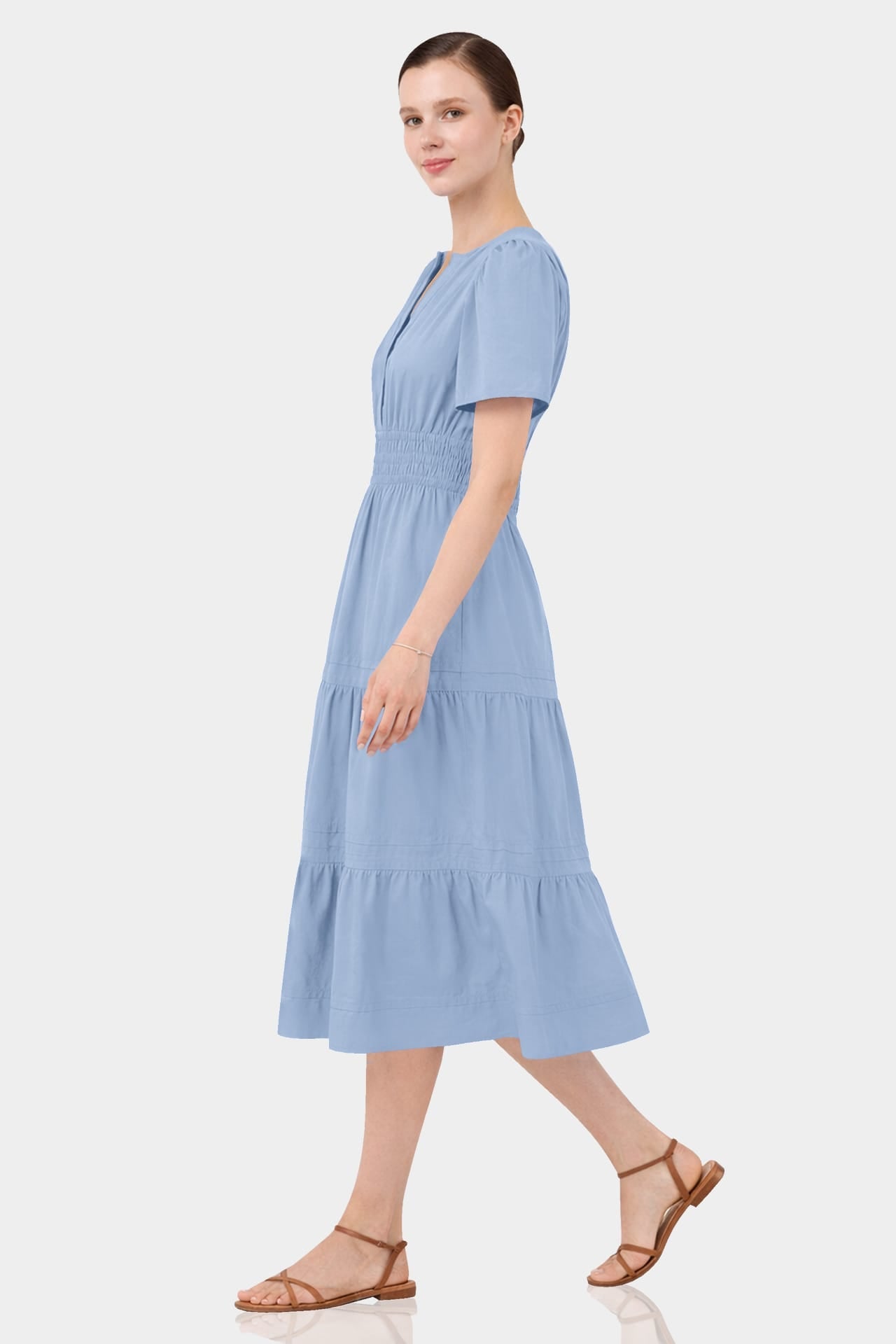 Steel Blue Tiered Midi Dress with Elastic Waist – Resort Wear Midi Dress