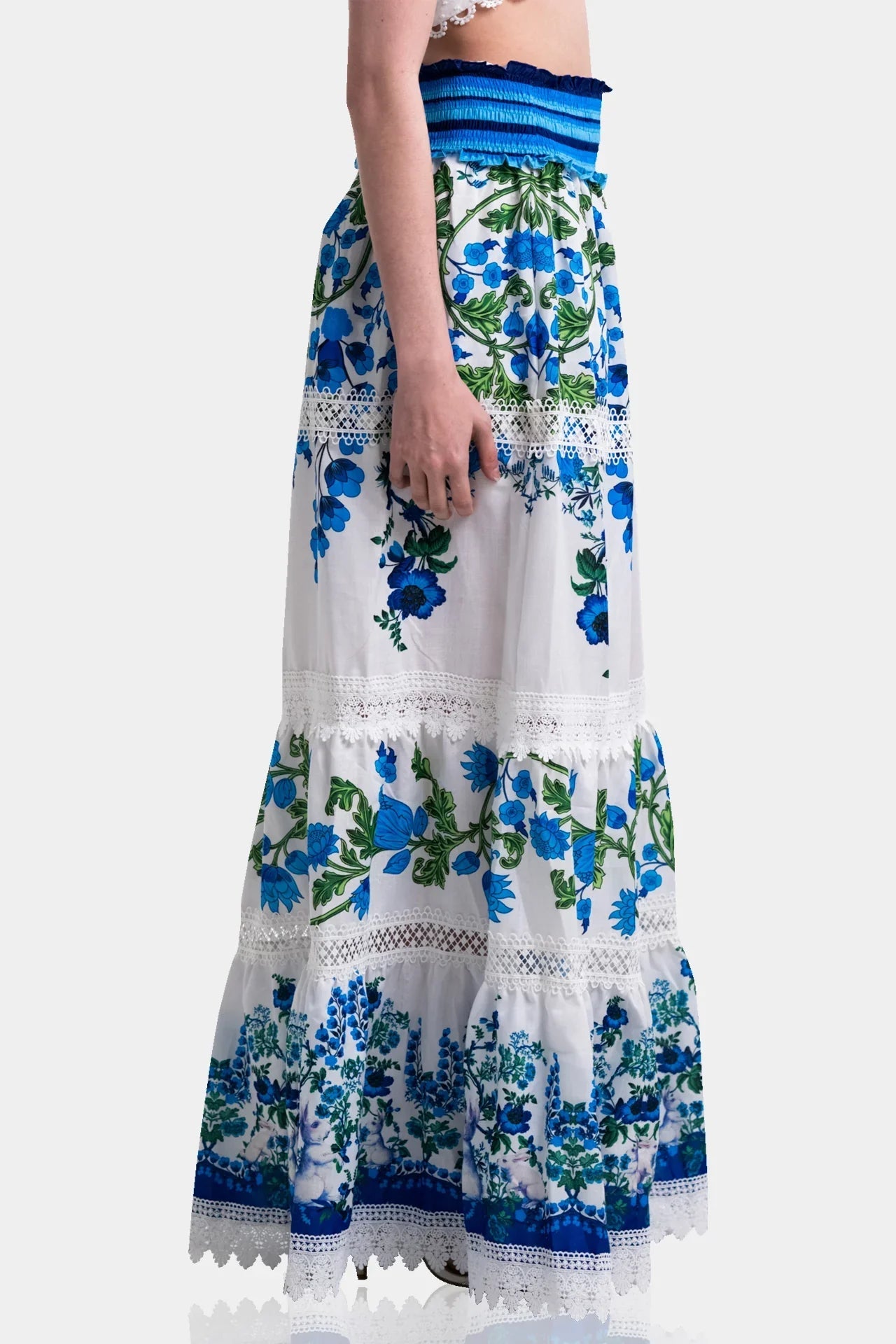 White & Blue Botanical Cotton Maxi Skirt with Guipure Lace Detail