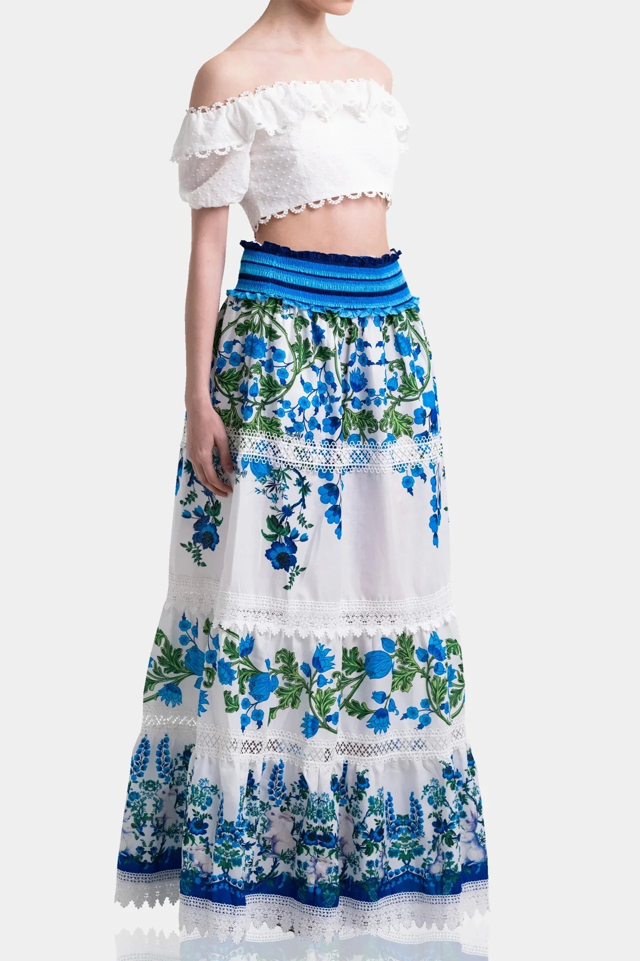 White & Blue Botanical Cotton Maxi Skirt with Guipure Lace Detail
