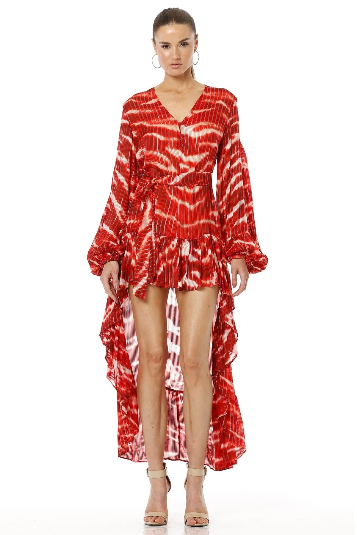 Chora Printed Red Ruffle Dress With Long Overlay & Puff Sleeves