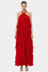 Chili Red Floor Length Backless Ruffle Dress