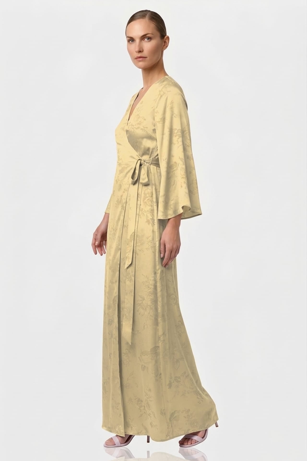 Champagne Floral Satin Wrap Maxi Dress for Garden Parties