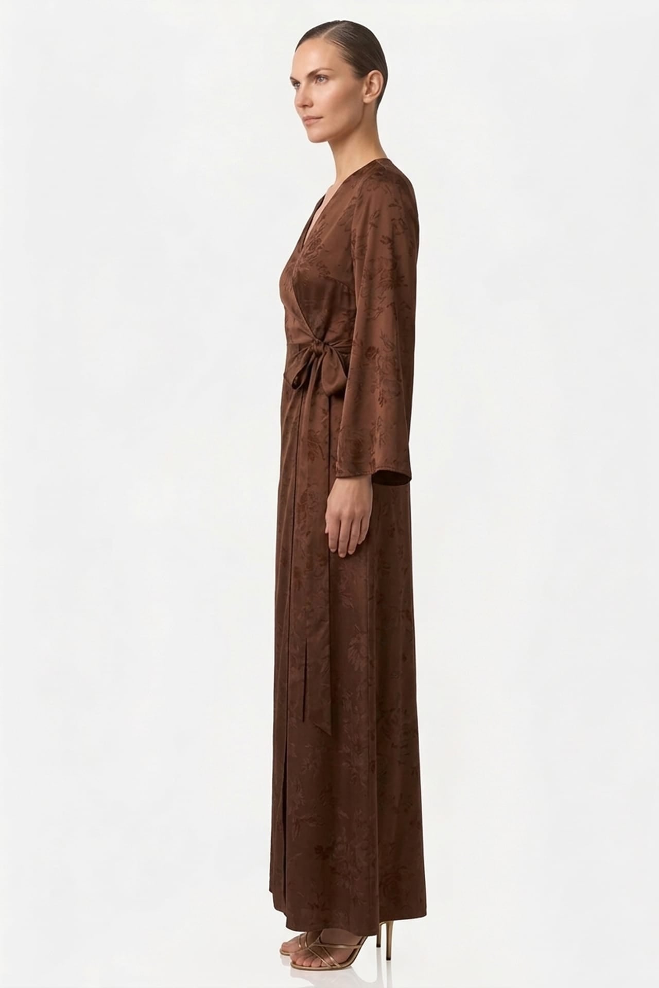 Chocolate Floral Satin Wrap Dress for Bridesmaids & Wedding Guests
