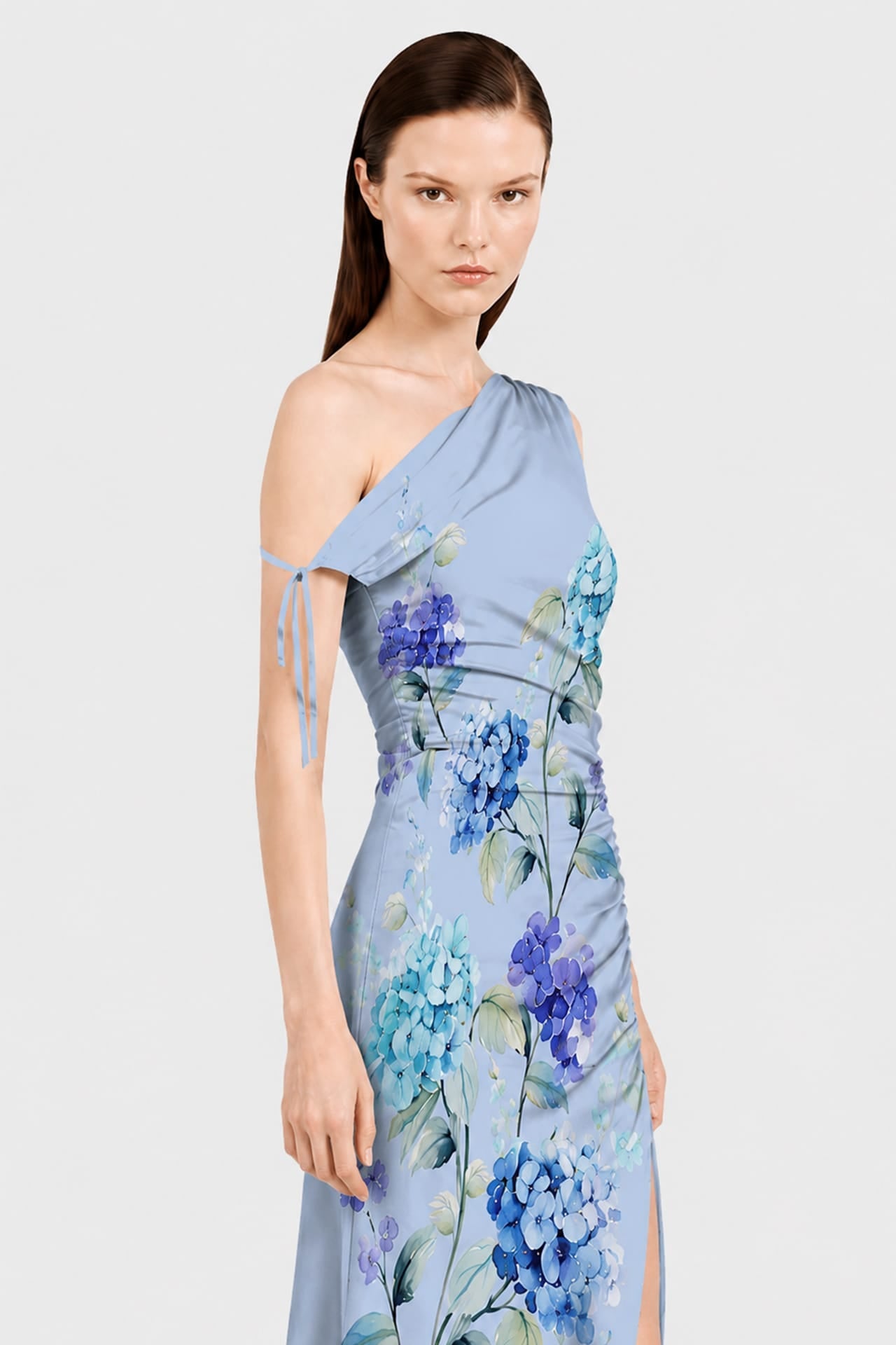 Sky Blue Floral One Shoulder Maxi Dress