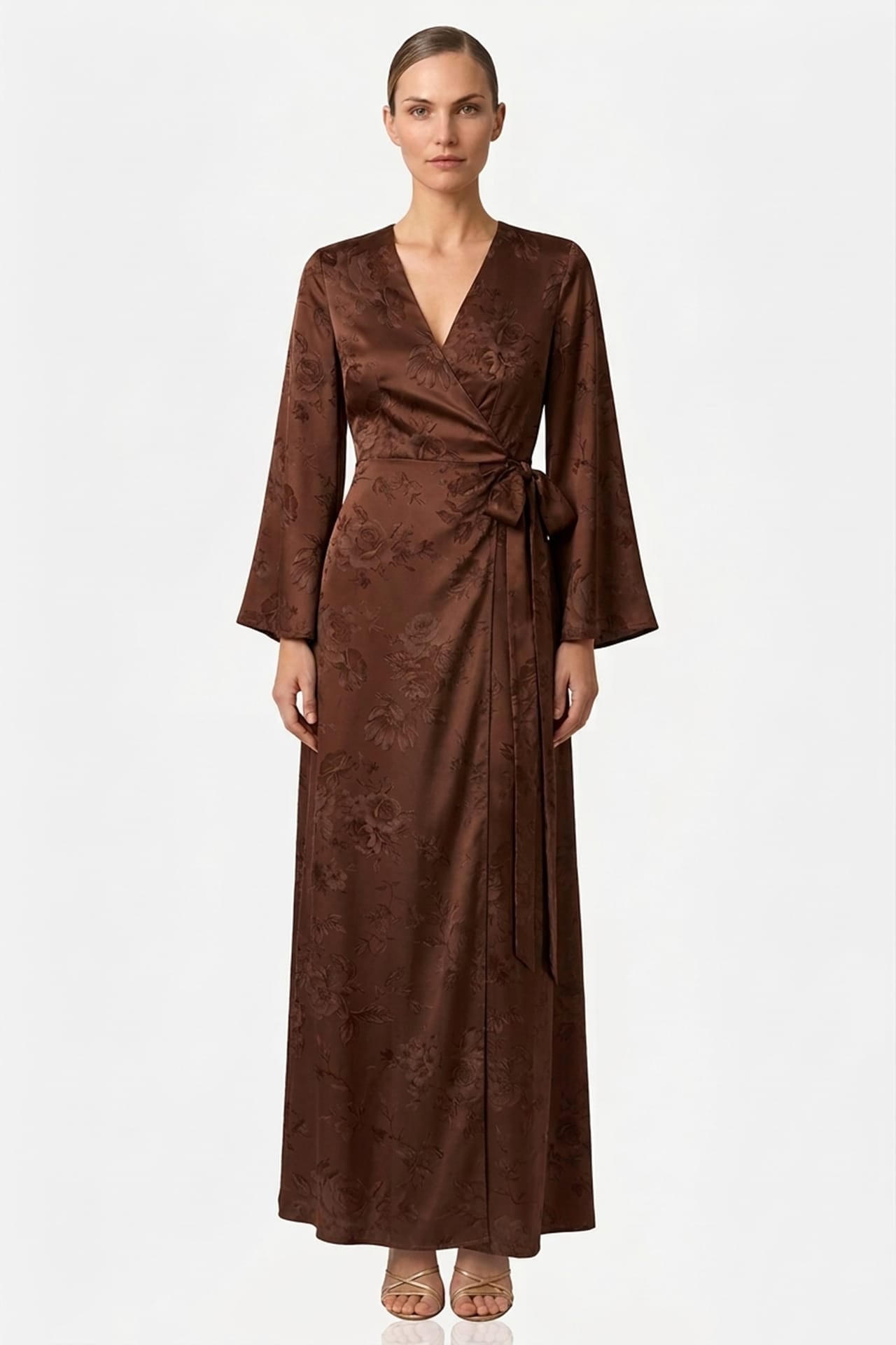 Chocolate Floral Satin Wrap Dress for Bridesmaids & Wedding Guests