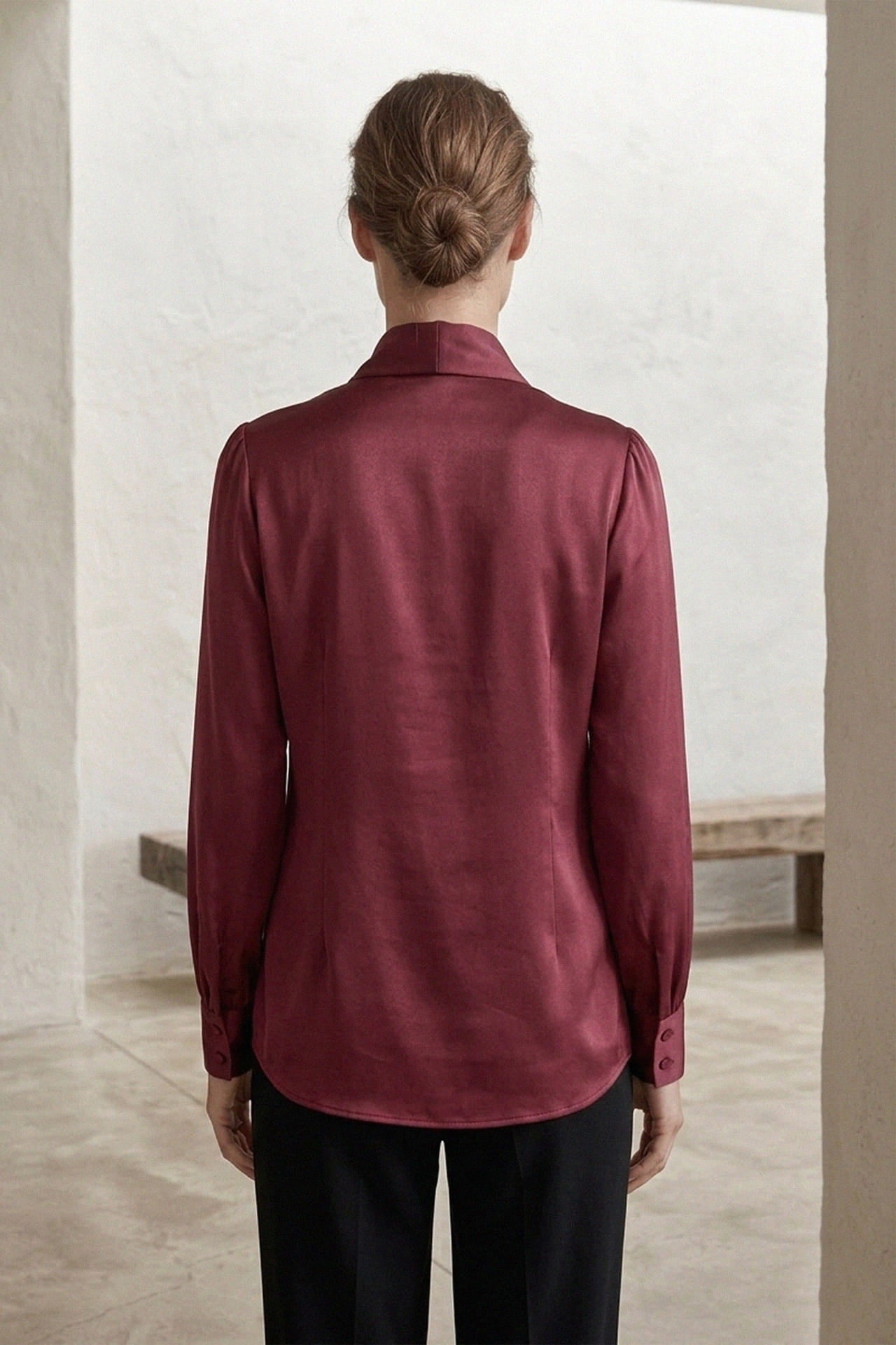 Burgundy Scarf  Tie Neck Satin Blouse