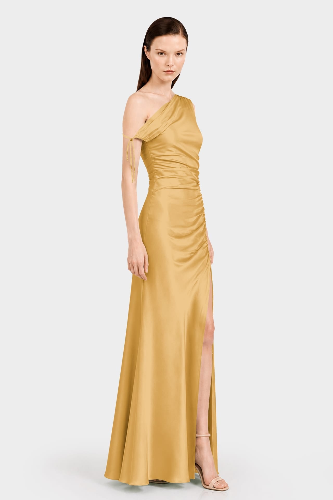Butterscotch Gathered Stretch Satin Maxi Dress – Destination Wedding Dress