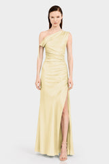 Designer Champagne One Shoulder Satin Gala Dress in Gathered Design - Resort Dinner Dress
