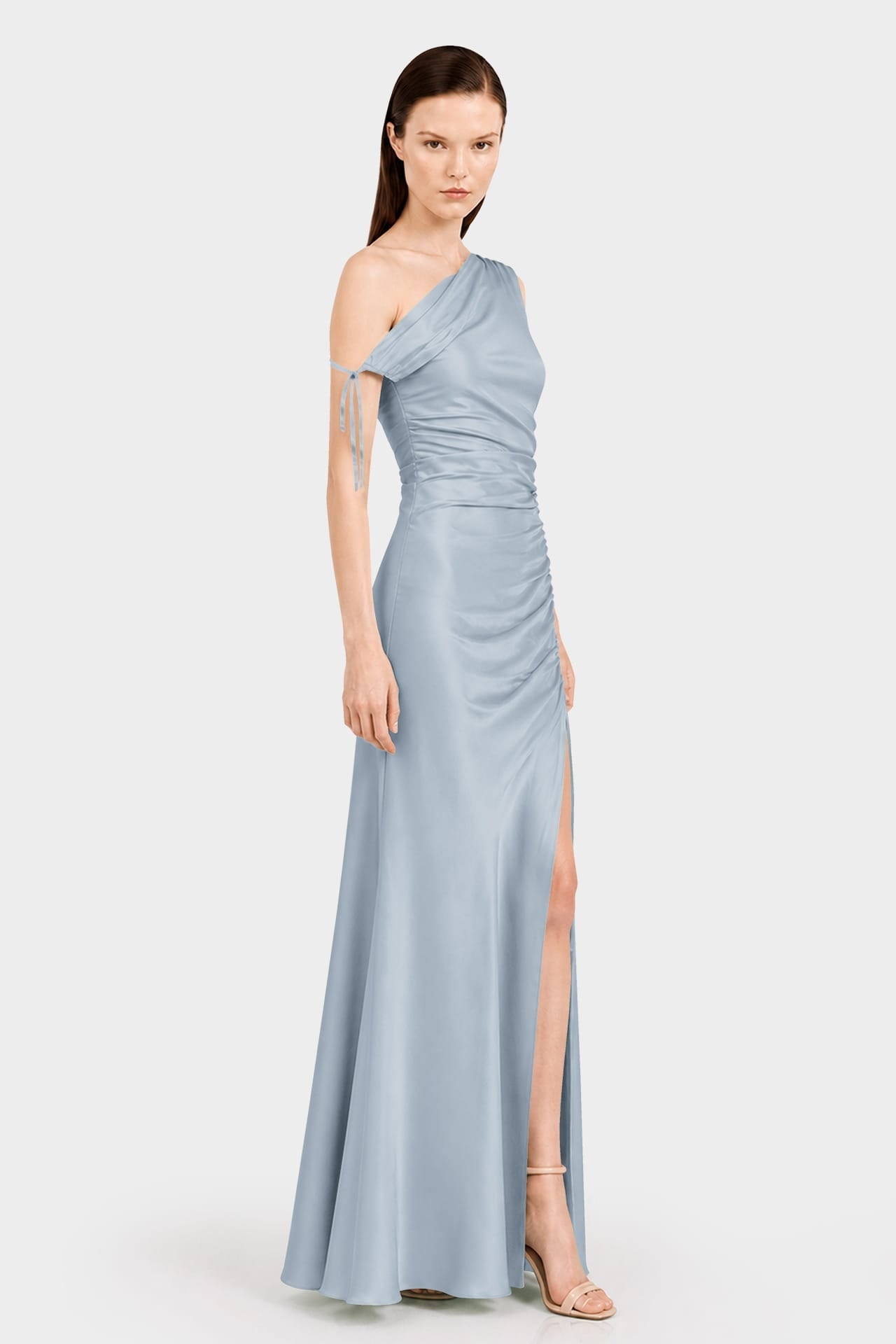 Dusty Blue Ruched Stretch Satin Evening Gown - Resort Evening Wear