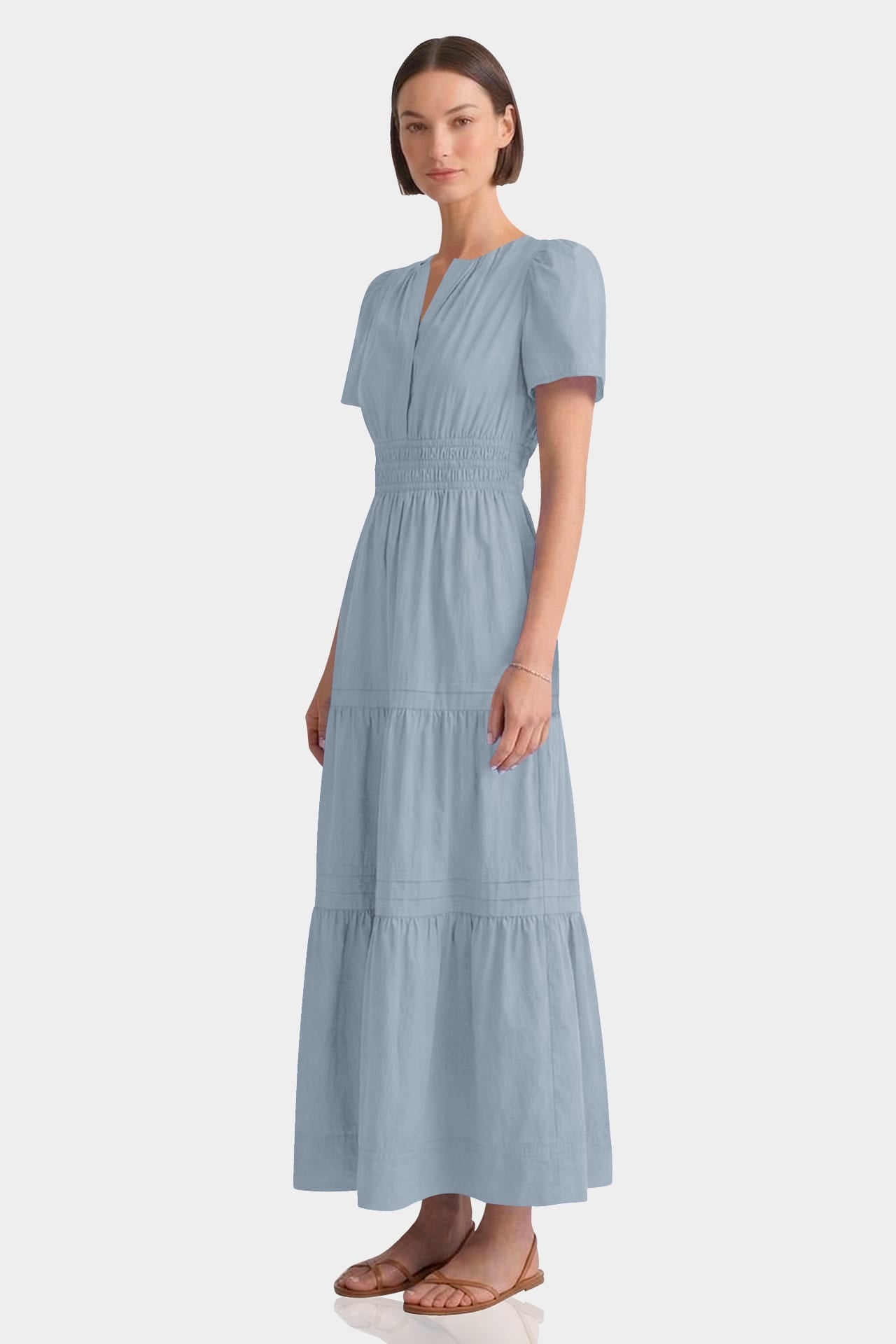 Dusty Blue Smocked Waist Cotton Tiered Maxi Dress