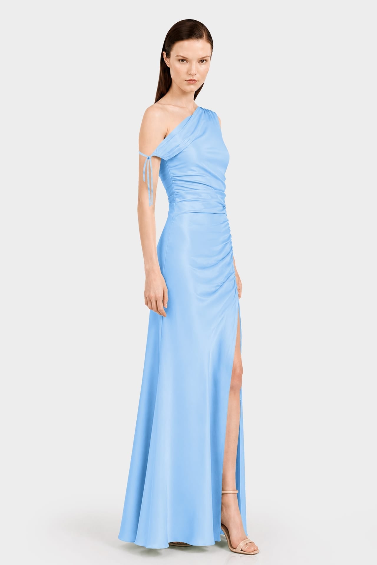 Elegant Sky Blue One Shoulder Gathered Stretch Satin Maxi Dress for Beach Weddings