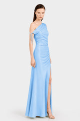 Elegant Sky Blue One Shoulder Gathered Stretch Satin Maxi Dress for Beach Weddings