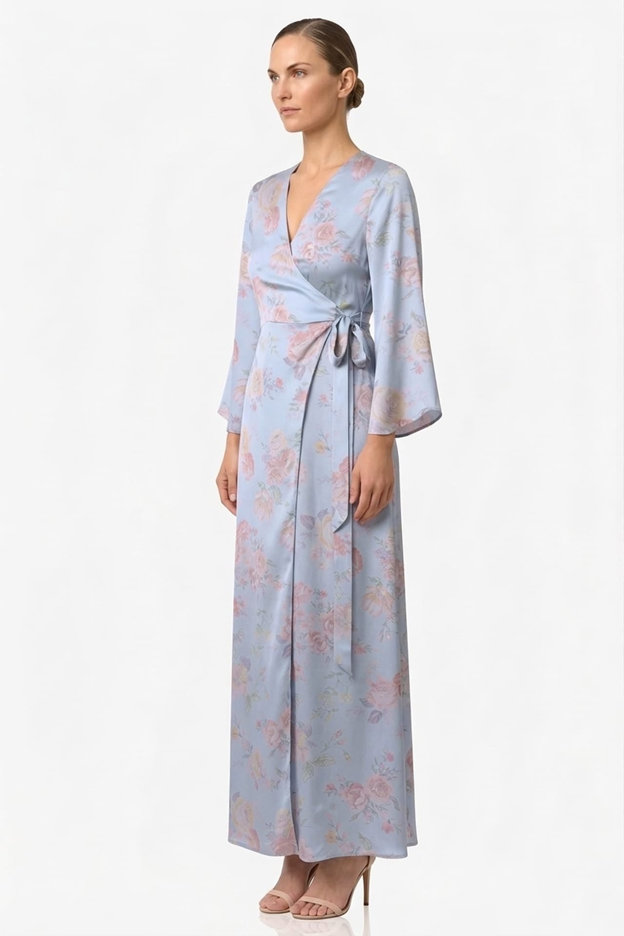 Powder Blue Floral Satin Wrap Dress for Garden Weddings & Spring Celebrations