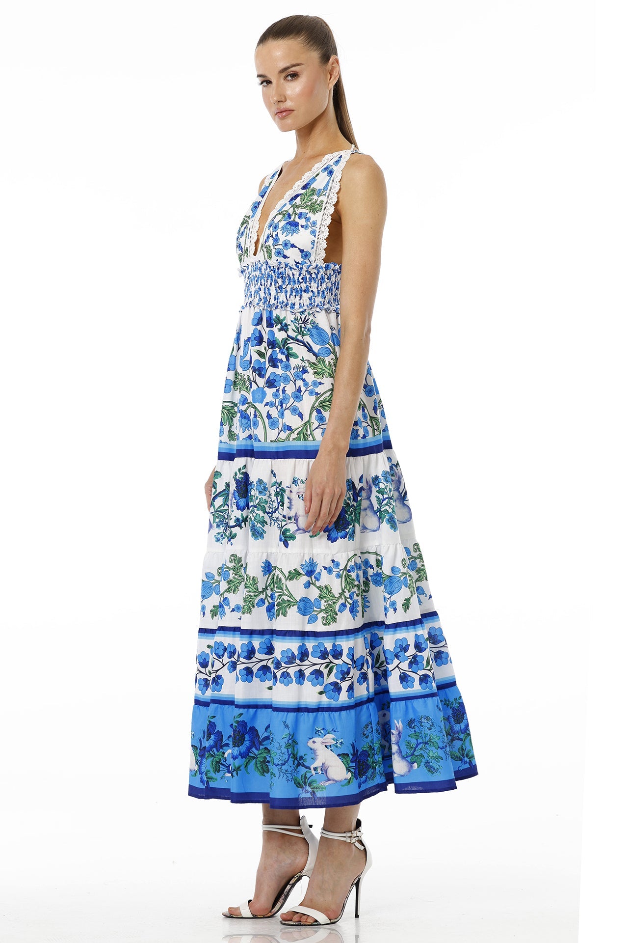 White & Blue Floral Sleeveless Deep Plunge Voile Maxi Dress with Guipure Lace