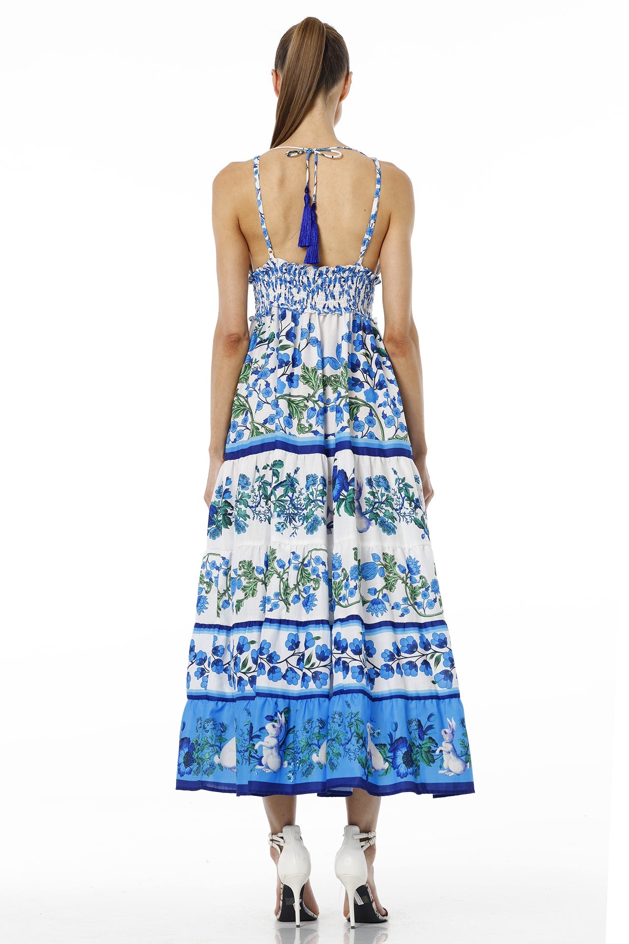 White & Blue Floral Sleeveless Deep Plunge Voile Maxi Dress with Guipure Lace