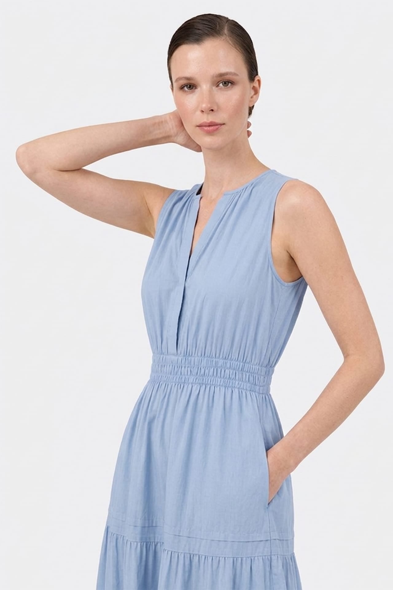 Powder Blue Cotton Poplin Midi Dress for Women with Pockets – Coastal Getaway Dress