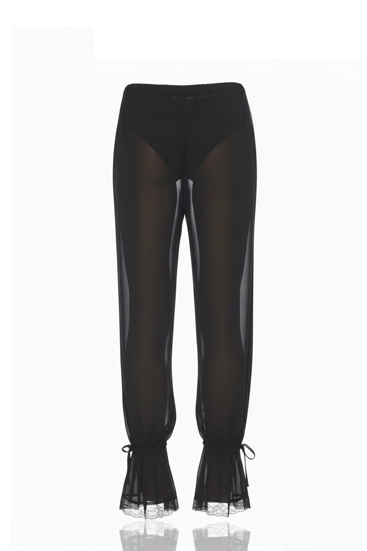 Caviar Black Transparent Chiffon Balloon Leg Pants with Drawstring Lace Hem