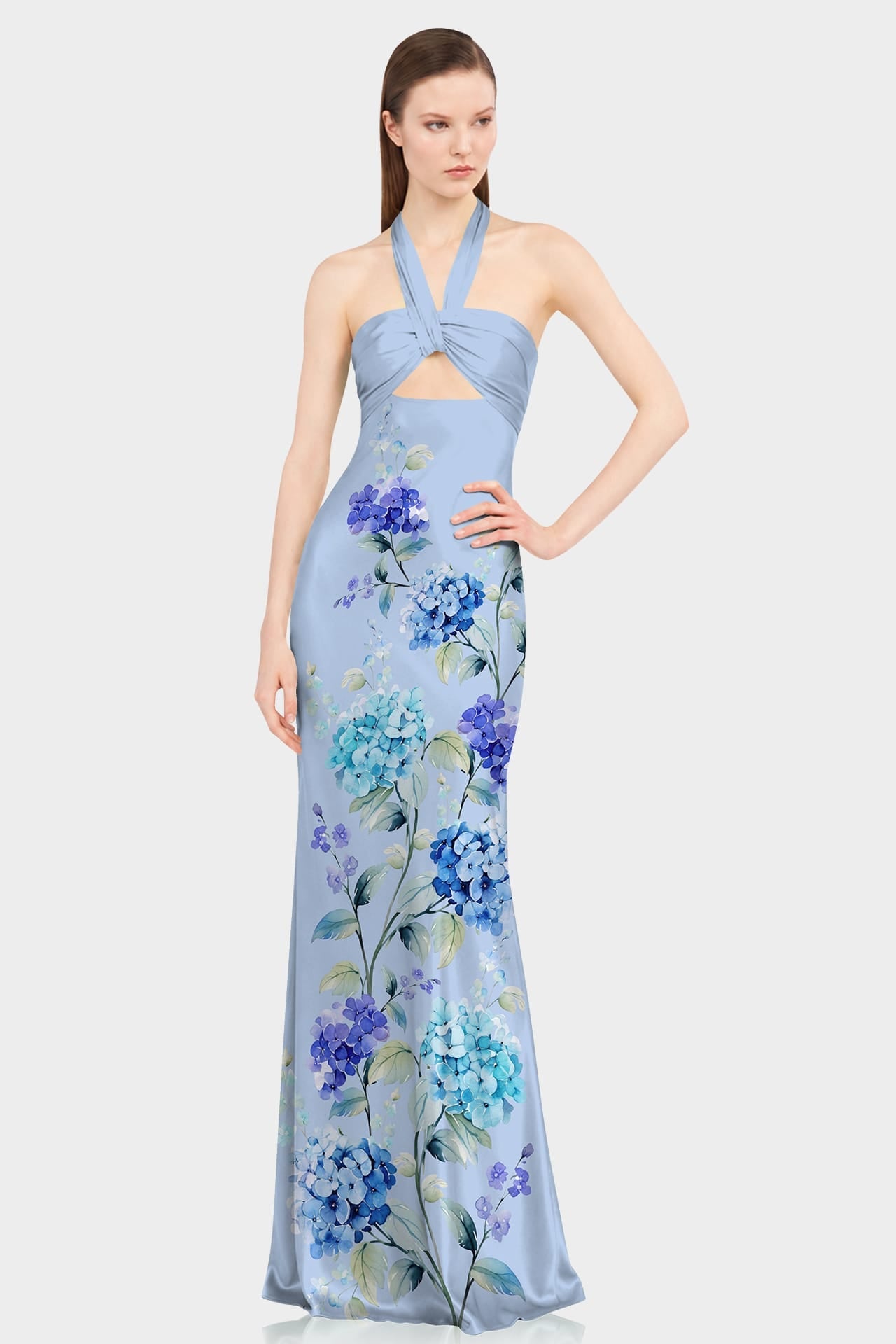 Hydrangea Print Ruched Halter Maxi Dress