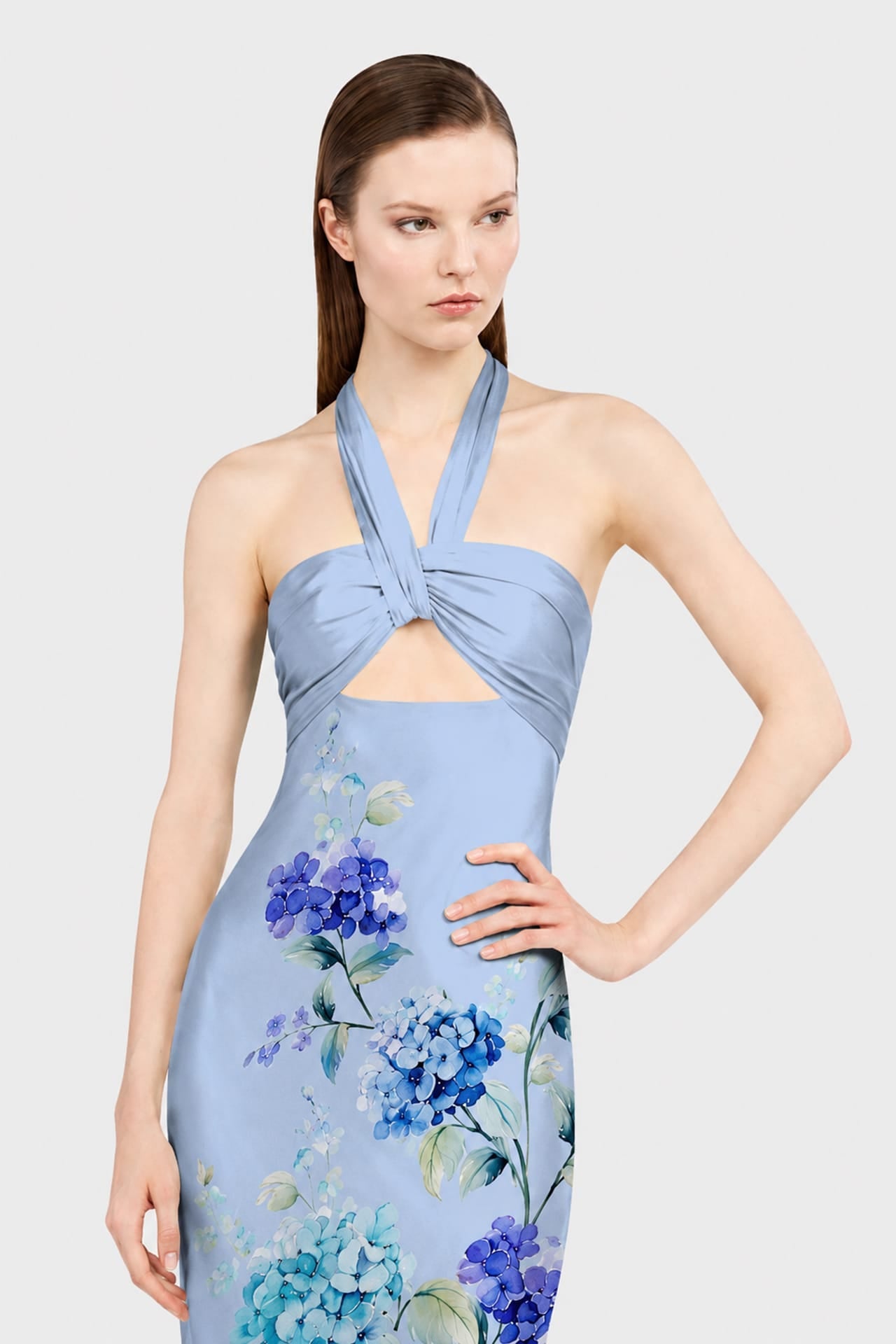 Hydrangea Print Ruched Halter Maxi Dress