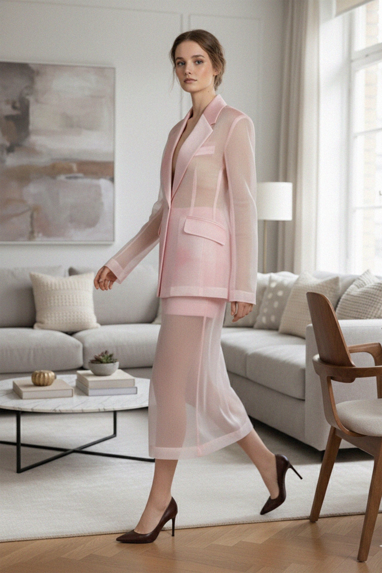 Blush Aura Sheer Organza Blazer Skirt Co-Ord Set (Pink)