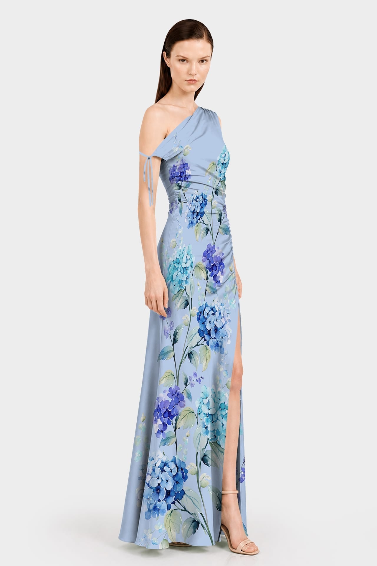 Sky Blue Floral One Shoulder Maxi Dress