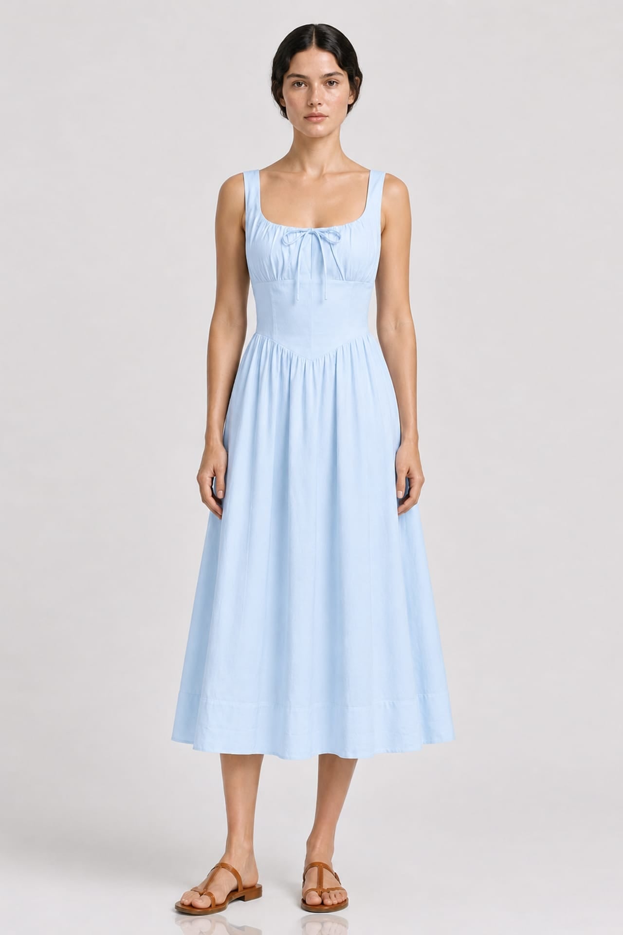 Sky Blue Linen Corset Midi Dress with Square Neckline – Bridal Shower Dress