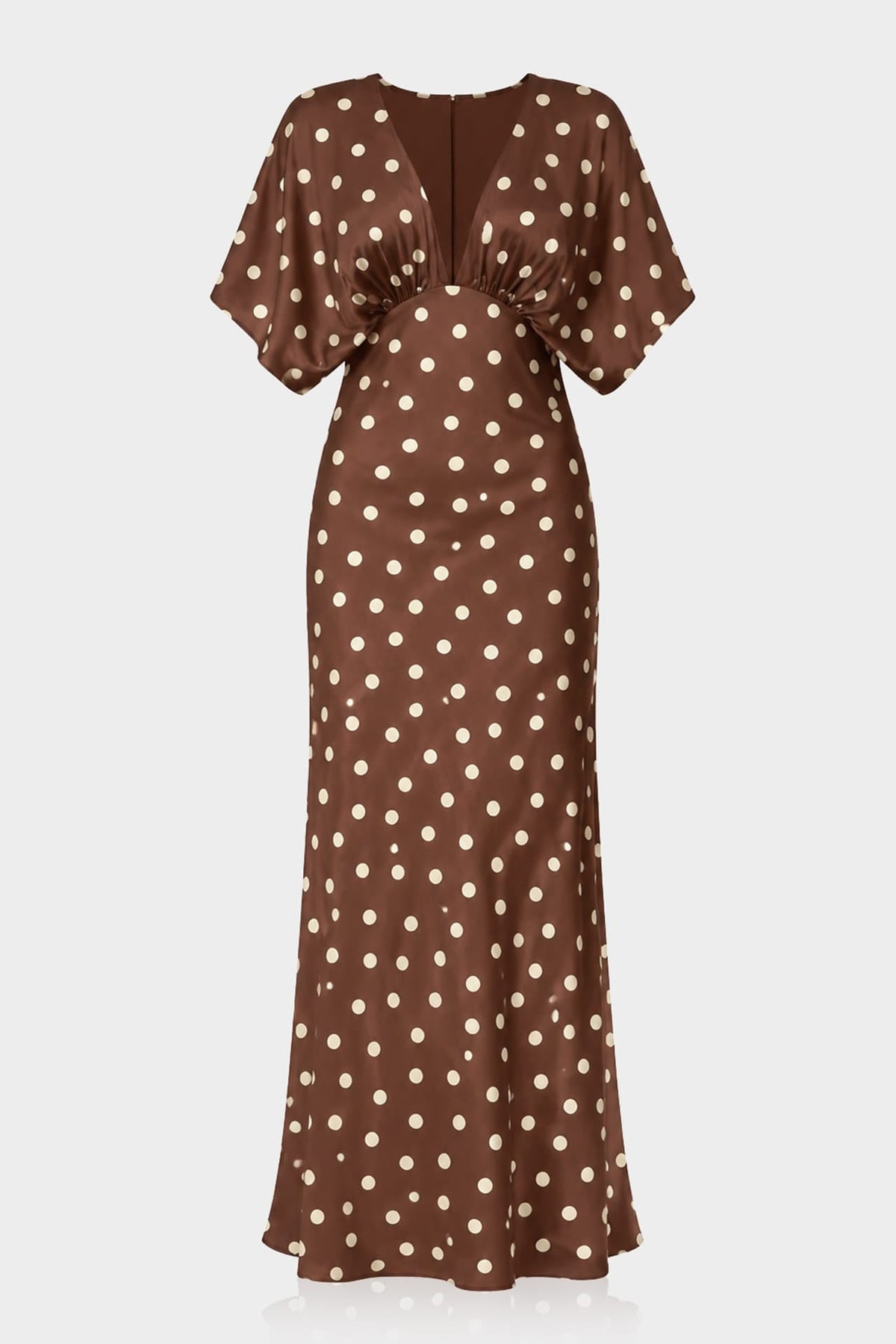 Brown Polka Dot Deep-V Flutter-Sleeve Satin A-Line Wedding Guest Dress
