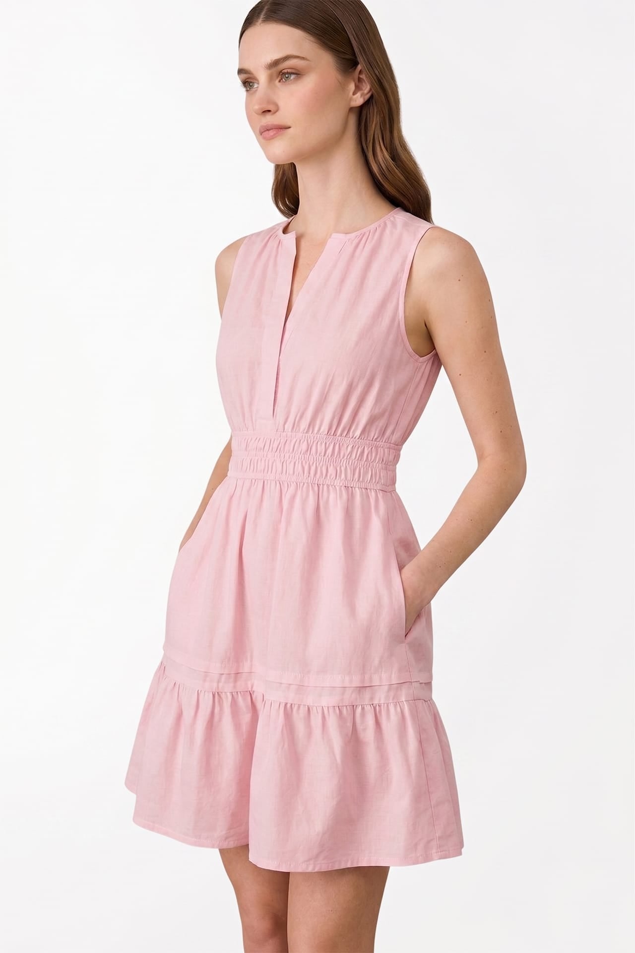 Blush Pink Sleeveless Smocked Waist Cotton Mini Dress – Casual Dress
