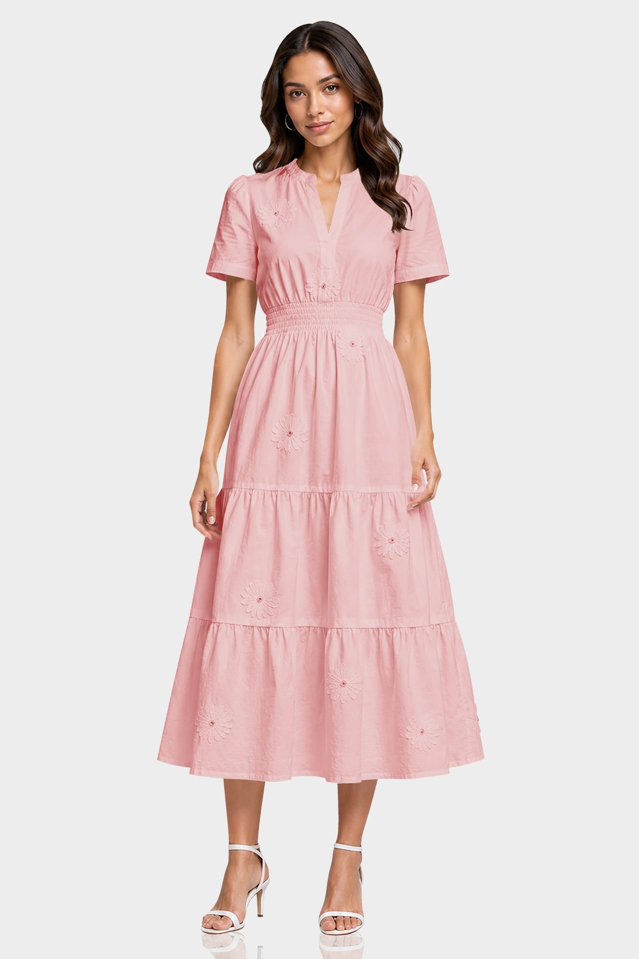 Blush Pink 3D Floral Appliqué Midi Dress for Women – Luxury Brunch Dress
