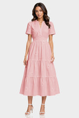 Blush Pink 3D Floral Appliqué Midi Dress for Women – Luxury Brunch Dress