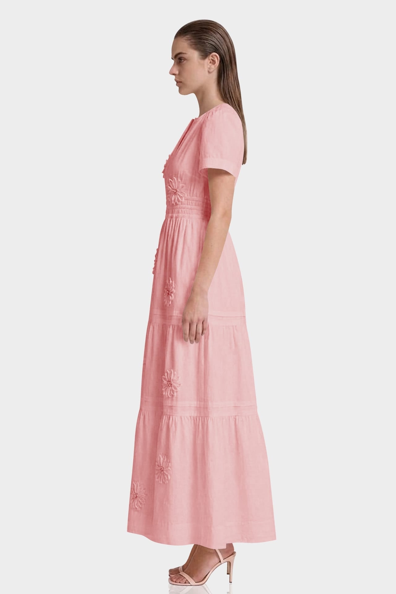 Blush Pink 3D Floral Cotton Maxi Dress for Women – Luxury Wedding Guest Dress