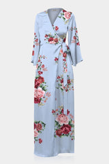 Powder Blue Floral Satin V-Neck Wrap Maxi Dress for Garden Parties
