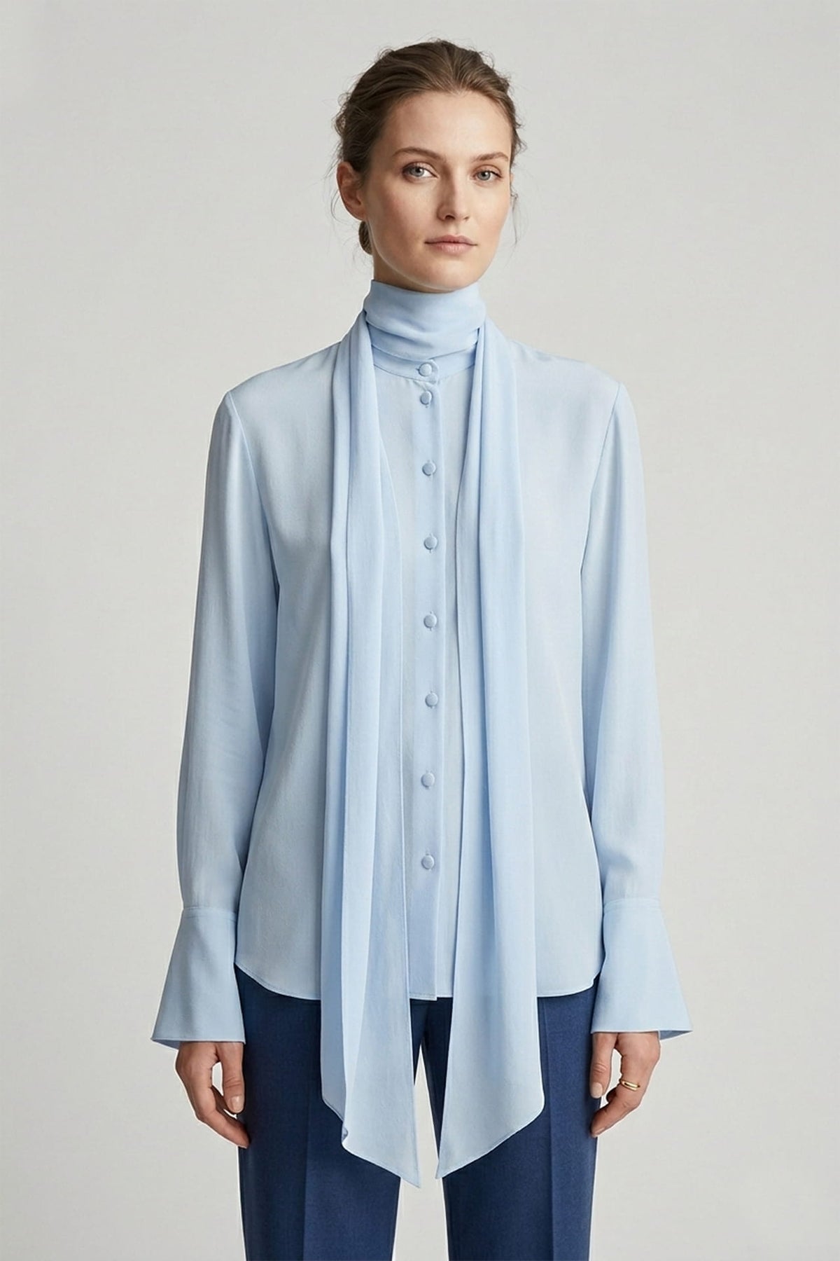 Powder Blue Scarf Tie Neck Blouse