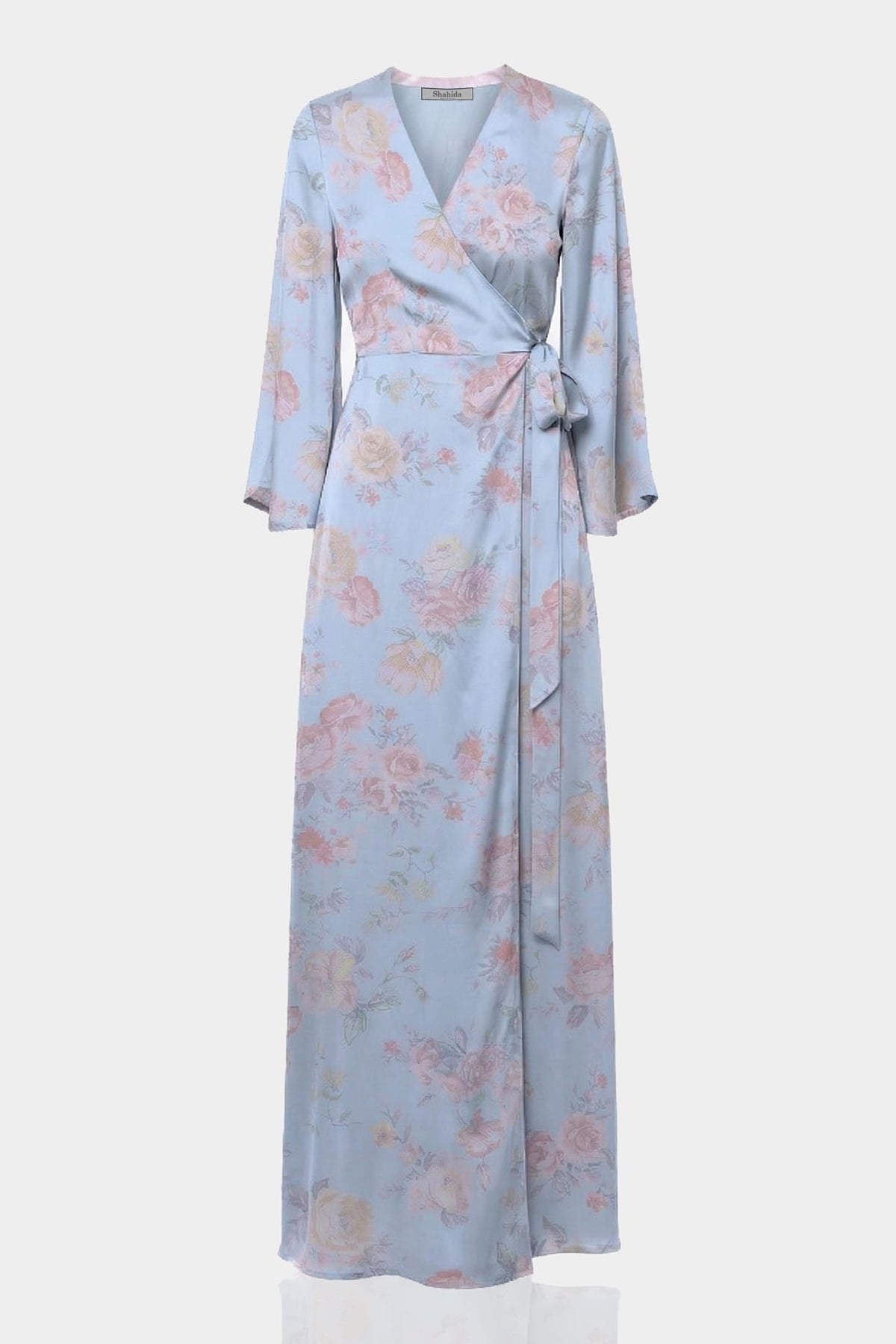 Powder Blue Floral Satin Wrap Dress for Garden Weddings & Spring Celebrations