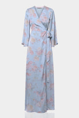 Powder Blue Floral Satin Wrap Dress for Garden Weddings & Spring Celebrations