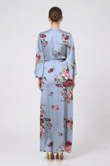 Powder Blue Floral Satin V-Neck Wrap Maxi Dress for Garden Parties