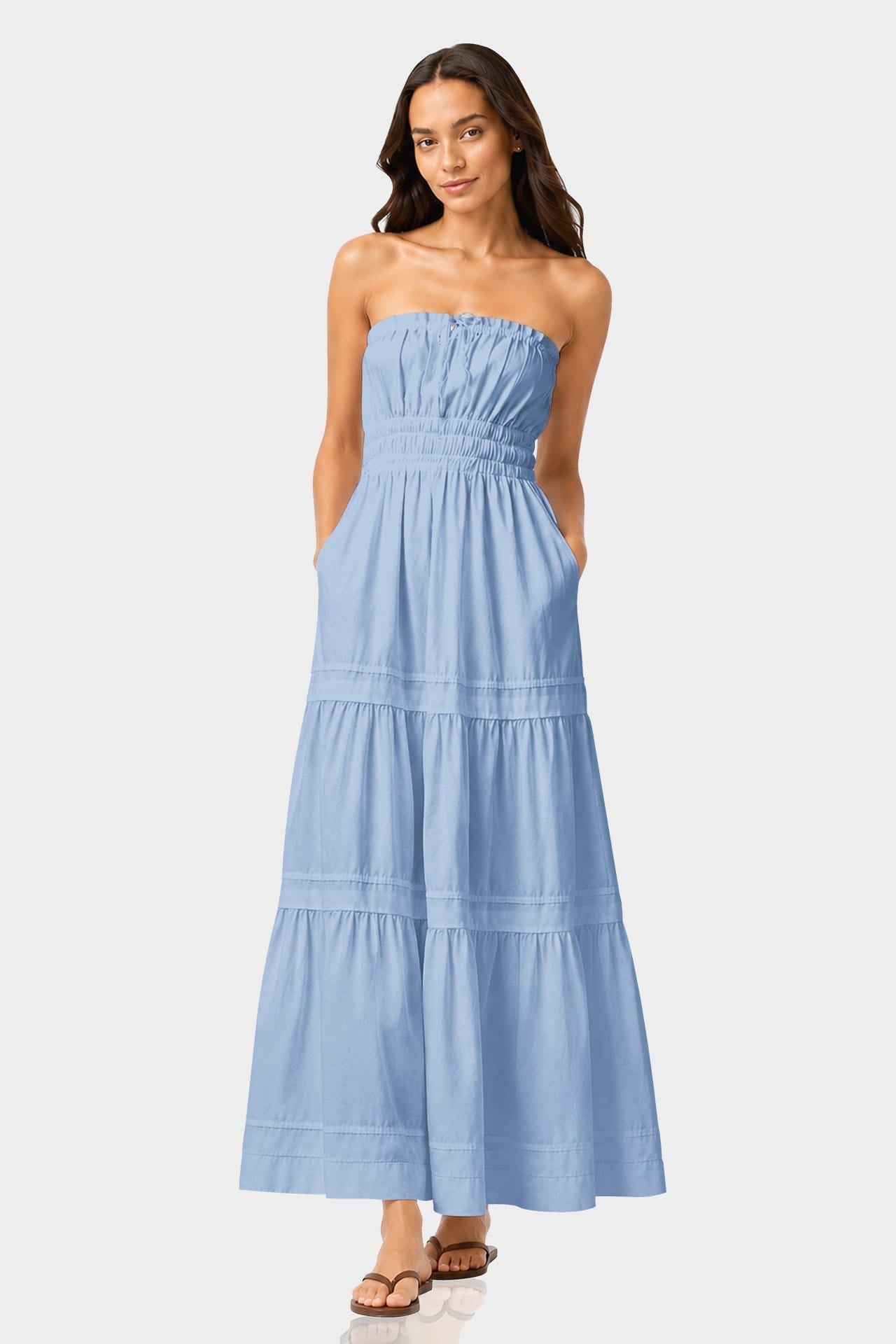 Elegant Powder Blue Flowy Cotton Maxi Dress with Tiered Detailing