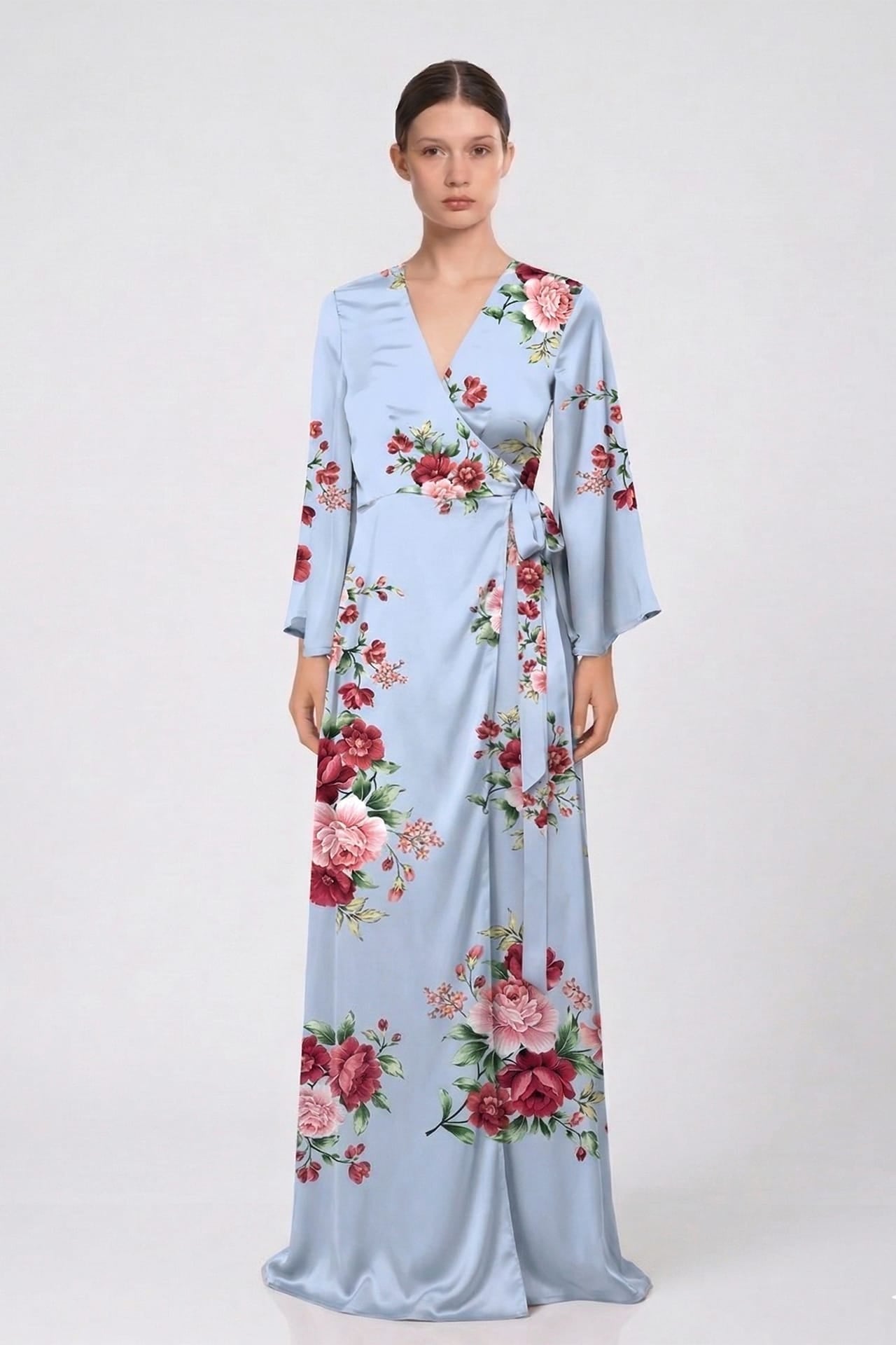 Powder Blue Floral Satin V-Neck Wrap Maxi Dress for Garden Parties