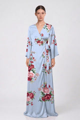 Powder Blue Floral Satin V-Neck Wrap Maxi Dress for Garden Parties
