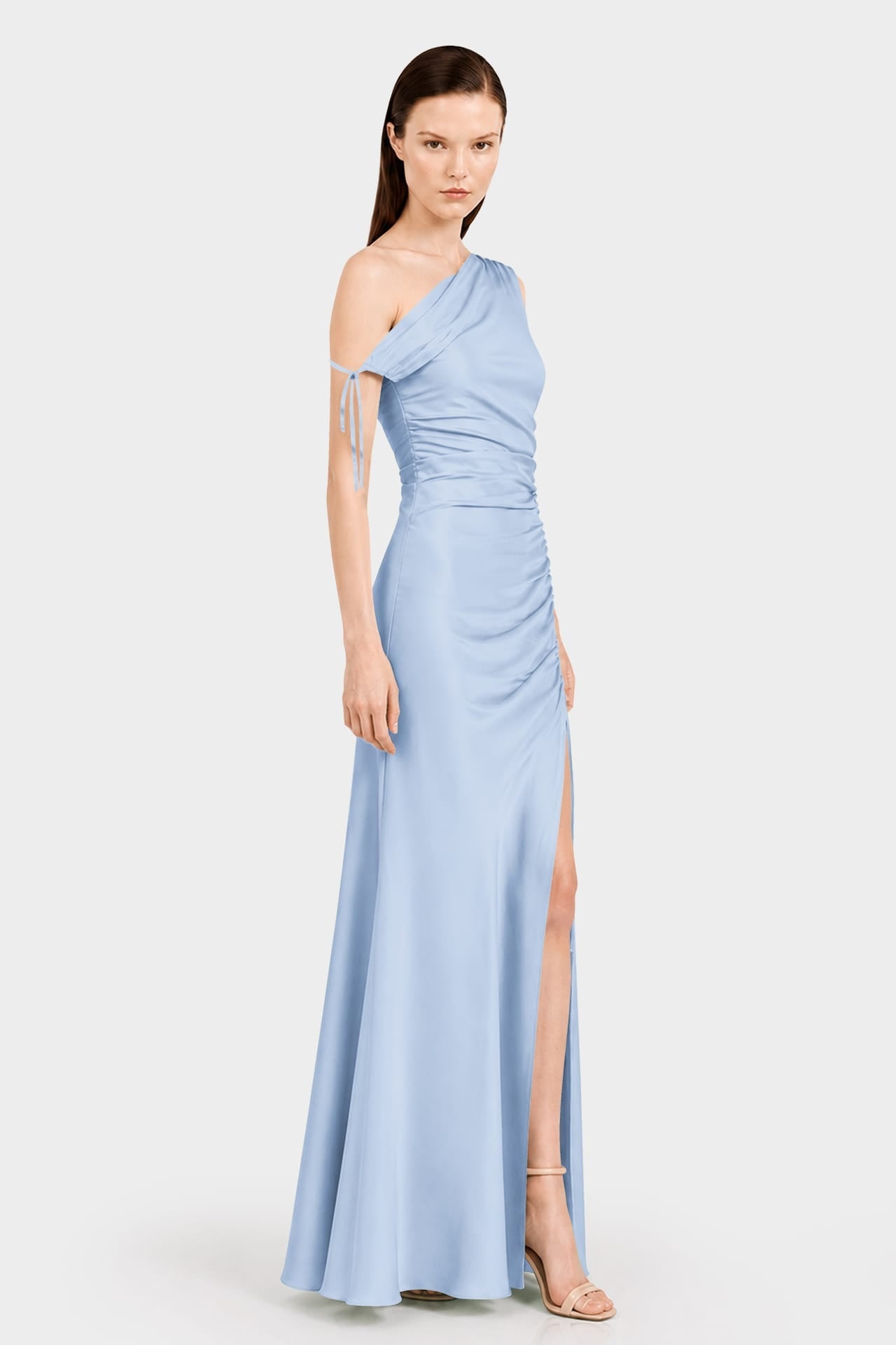 Powder Blue One Shoulder Gathered Satin Dress