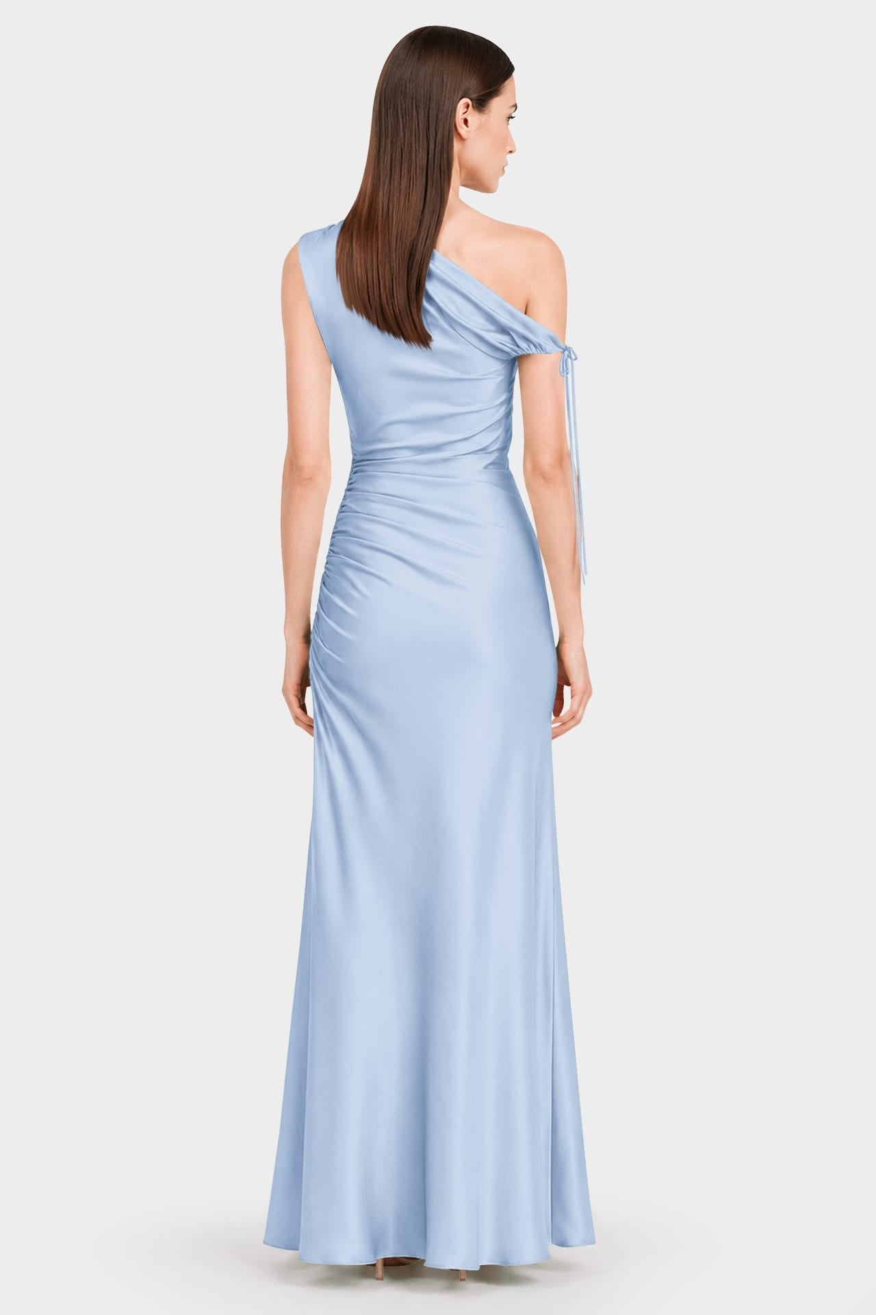 Powder Blue One Shoulder Gathered Satin Dress