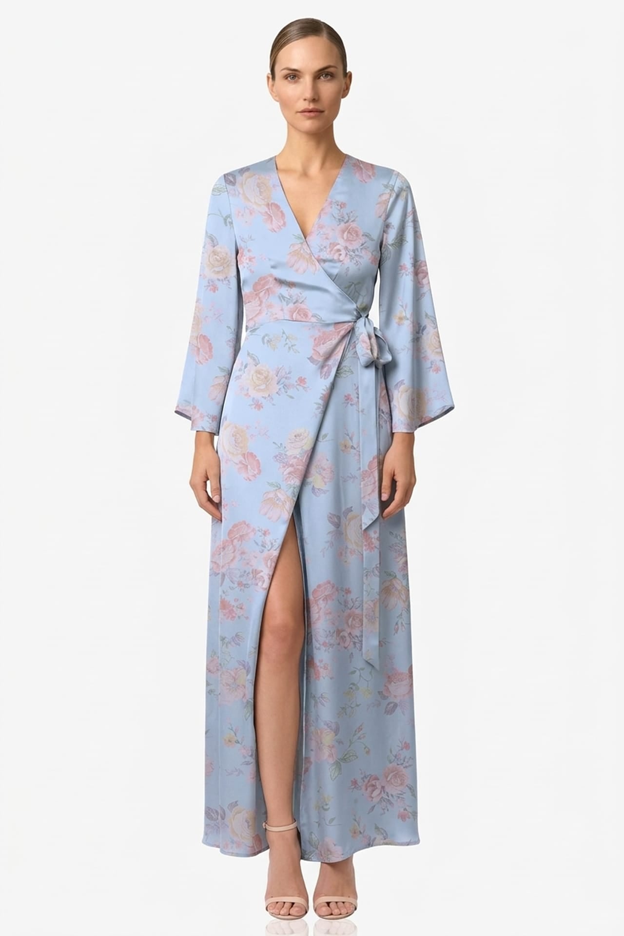 Powder Blue Floral Satin Wrap Dress for Garden Weddings & Spring Celebrations