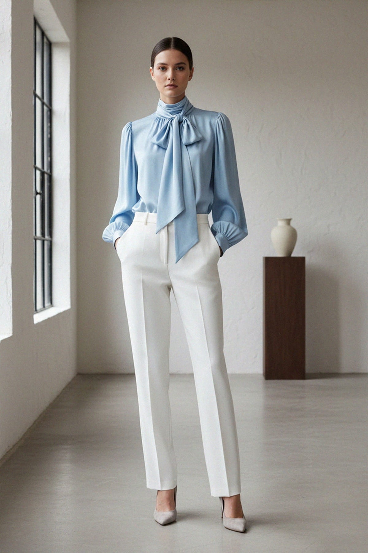 Powder Blue  Silk Satin-Twill Tie-Neck Blouse