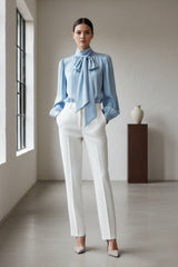 Powder Blue  Silk Satin-Twill Tie-Neck Blouse
