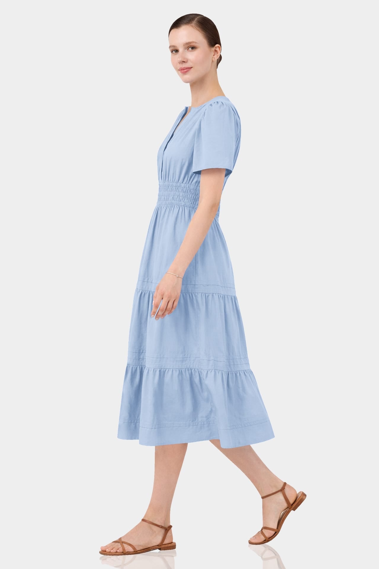 Powder Blue Smocked Waist Tiered Cotton Midi Dress for Women – Fit-and-Flare Dress