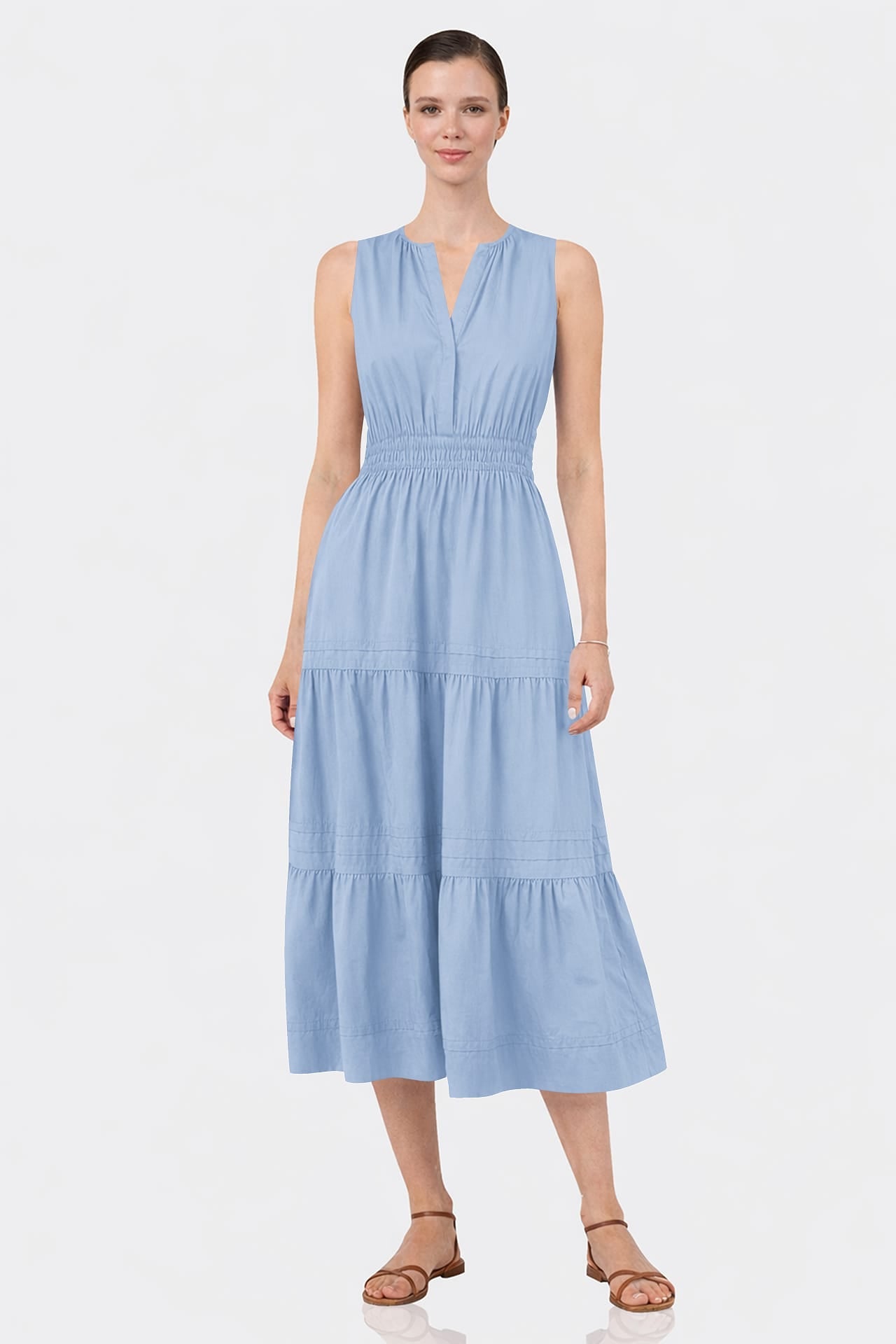 Powder Blue Cotton Poplin Midi Dress for Women with Pockets – Coastal Getaway Dress