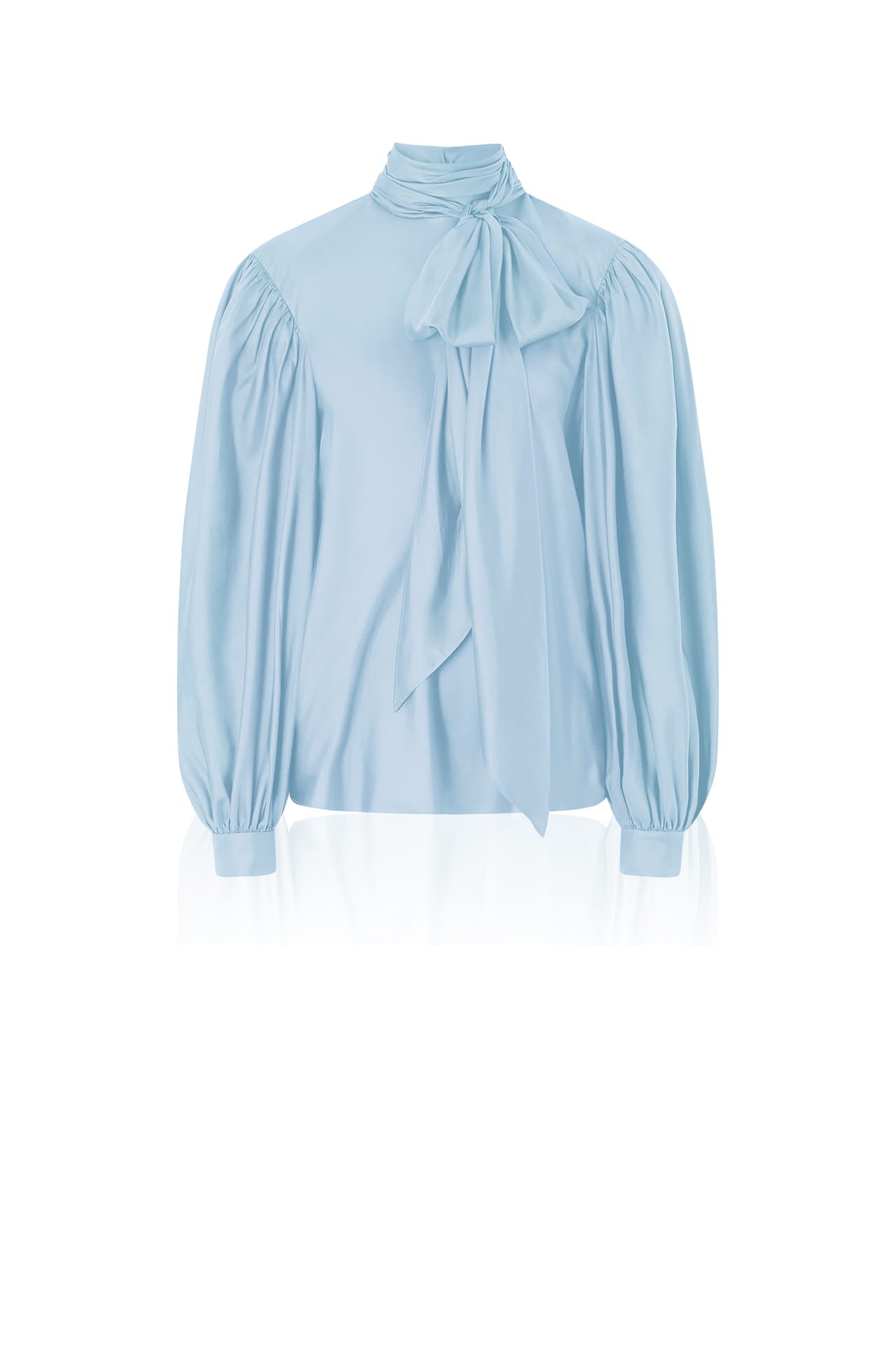 Powder Blue  Silk Satin-Twill Tie-Neck Blouse